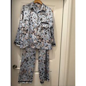 Victorias Secret Satin Pajama Set Button Down Top & Bottoms Blue